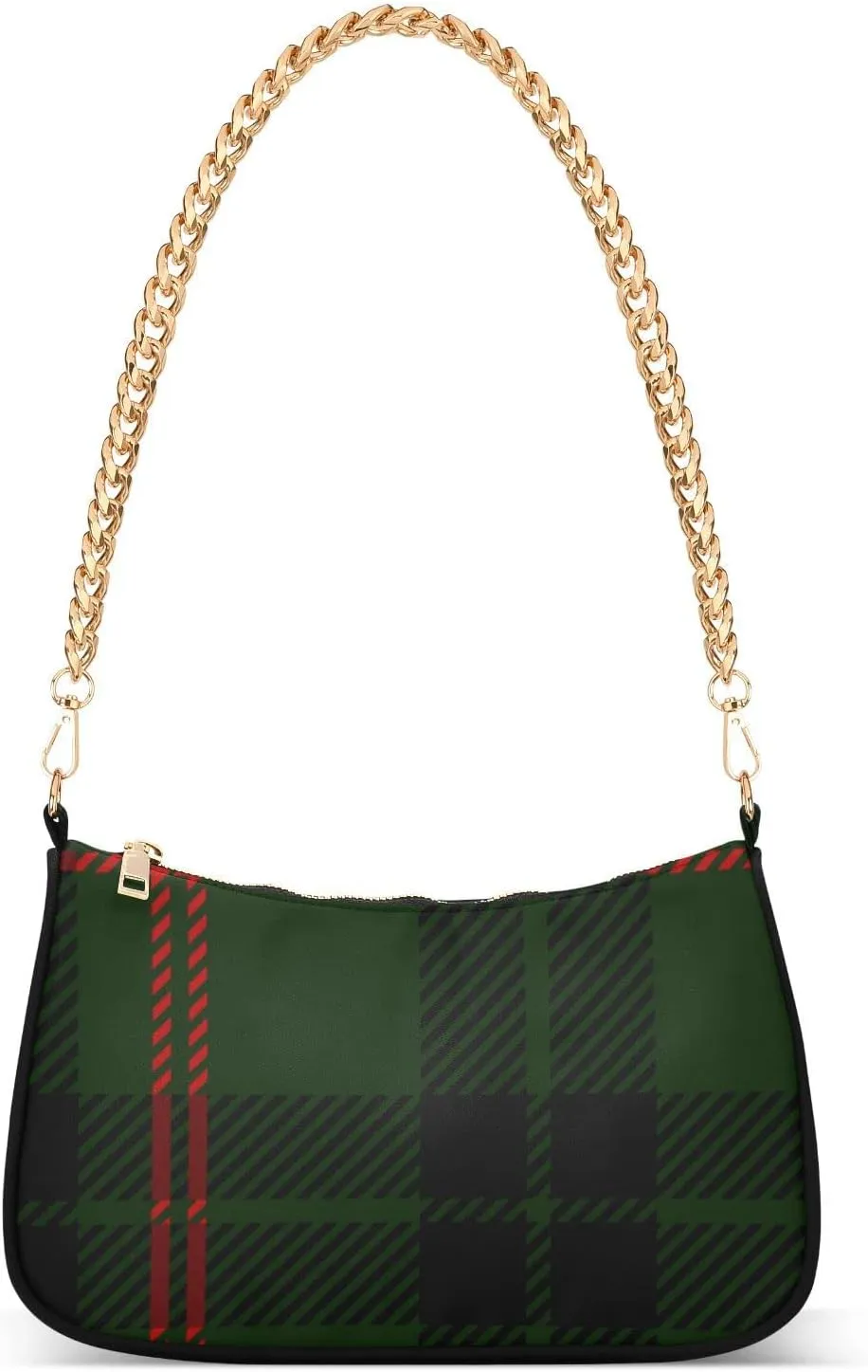 Zip Handbags for Women Black Green Tartan Plaid Chain Shoulder Bag Womens Tote Chain Bag