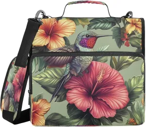 Zipper Binder Hummingbird Bird Flower Pollen 1.5 inch 3 Ring Binder Bag with Multiple Pockets, 500 Sheet Capacity with Shoulder Strap